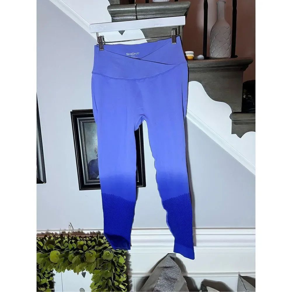 SheFit Periwinkle Ombré to Mesh High Waist Leggings sz L EUC